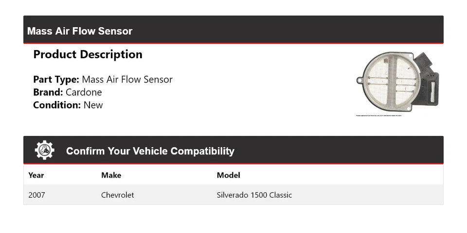 Sensor de flujo de aire masivo Cardone para Chevrolet Silverado 1500 2007 clásico Foto 2 de 4