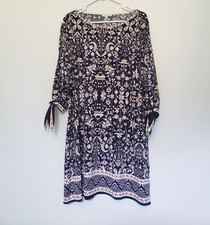 Max Studio Womens S Mini Dress Round Neck 3/4 Sleeve Floral Navy Blue Boho Chic