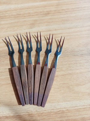 6x Party-Gabeln Vintage Edelstahl Holzgriff Retro 70er Cocktailgabeln