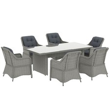 Outsunny 6 Seater Rattan Dining Set with Glass Top Table and Cushions, Grey