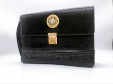 VERSACE Black Leather Clutch Bag 25cm Used Condition Unique Style Auth