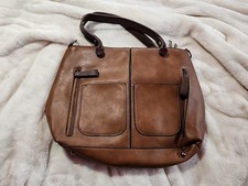 Brown Tote with Double Handles, Zipper Accents, Inner Pockets, Silver Hardware