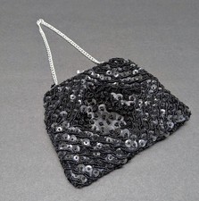 Vintage Black Beaded Sequin Embroidery Evening Bag Purse Clutch Hong Kong Silver