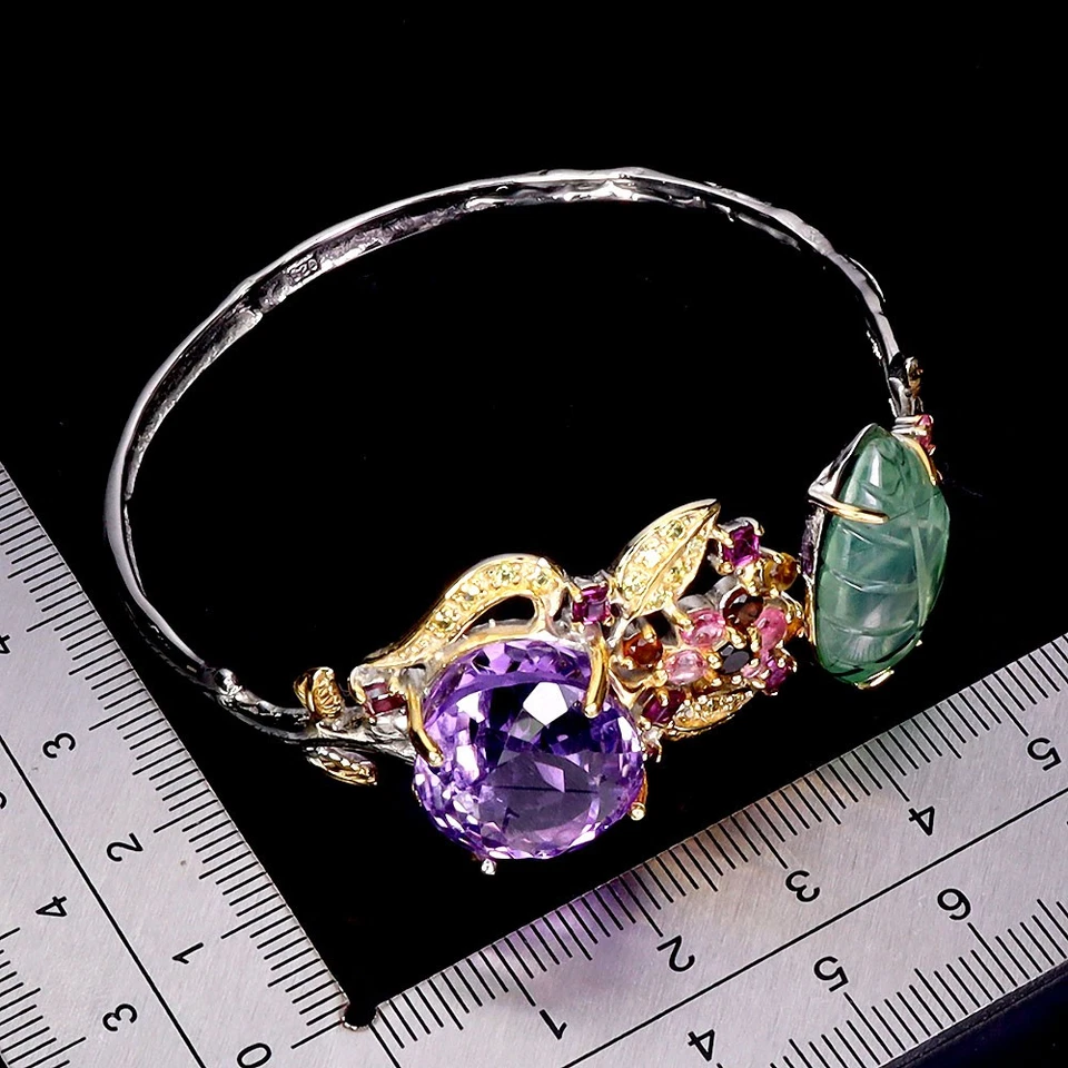 Brazalete de plata de ley 925 ovalado amatista 46ct prehnita hecho a mano piedras preciosas 6,7 pulgadas Foto 3 de 4