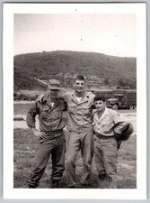 Vtg B W Snapshot Three Soldiers In Military Uniforms Outdoors With Truck 1950s