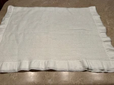 Vtg BABY MORGAN ? Baby Blanket Thermal Waffle Weave Nylon Satin Trim White