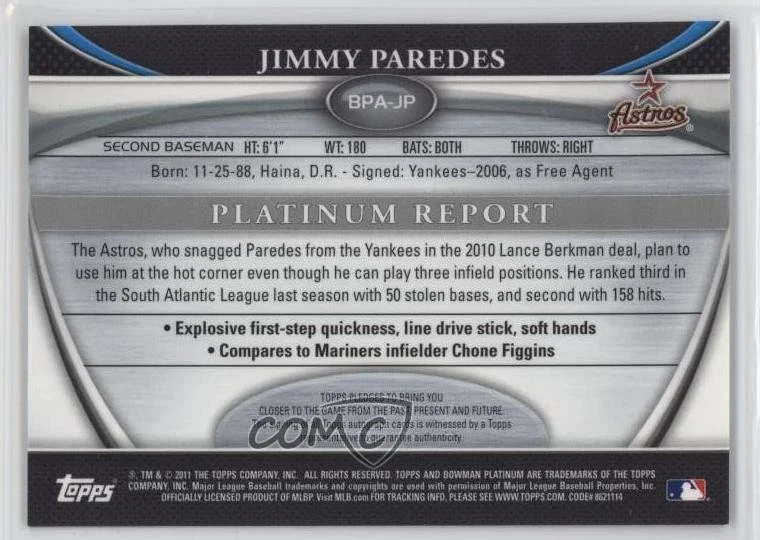2011 Bowman Platinum Prospect Auto Jimmy Paredes #BPA-JP Rookie Auto RC - Image 2 of 2