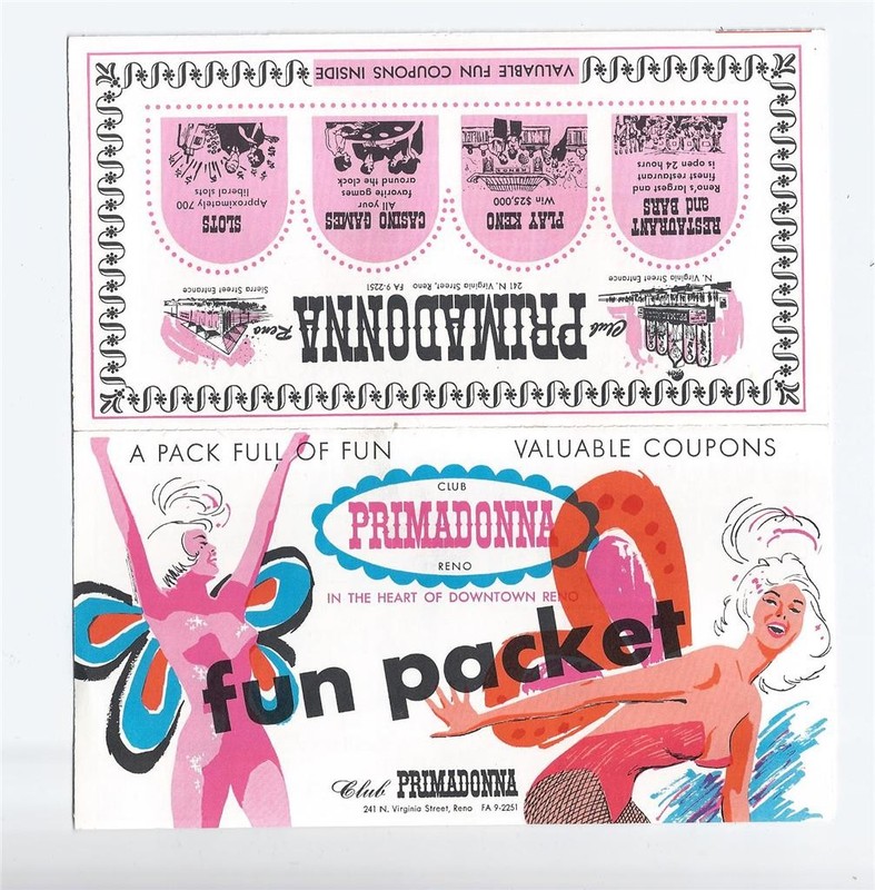 Club Primadonna, Downtown Reno, Nevada. Coupon Book, 1950's, Keno, Slots, Casino