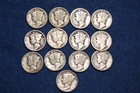 Lot of 13 Circulated Mercury Dimes 90% Silver, Various Dates Mints Free Shipping