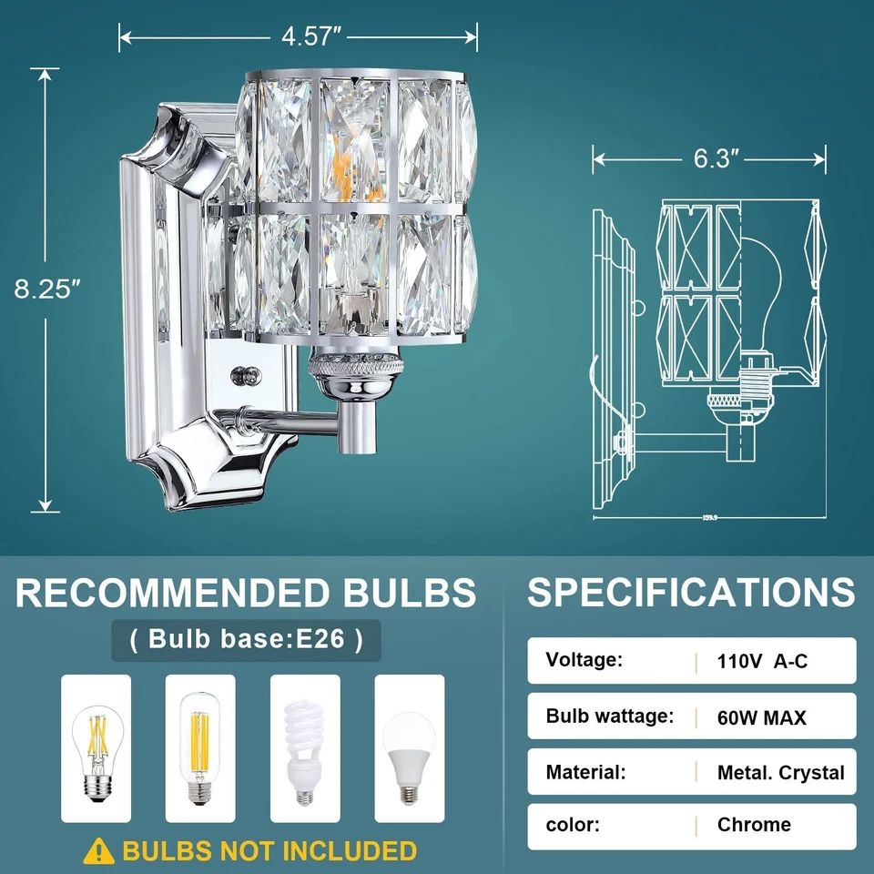 2件装1灯水晶壁灯带镀铬饰面,现代和Con... — 第 3/4 张图片
