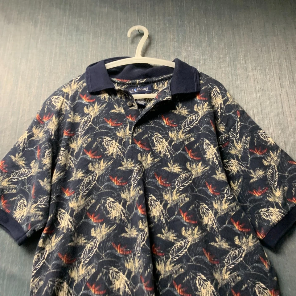 Camisa polo Crossings para hombre talla L azul hoja tropical estampado integral 100 % algodón Foto 2 de 4