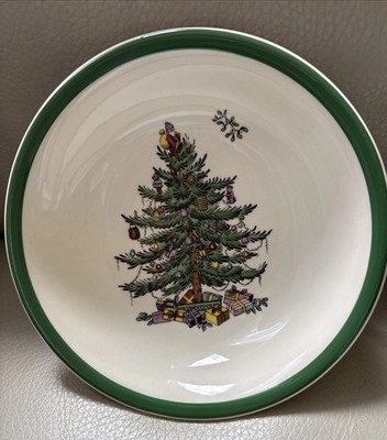 SPODE 4 @ 6  CHRISTMAS TREE Green Trim Coupe Cereal Bowls ENGLAND, Excellent