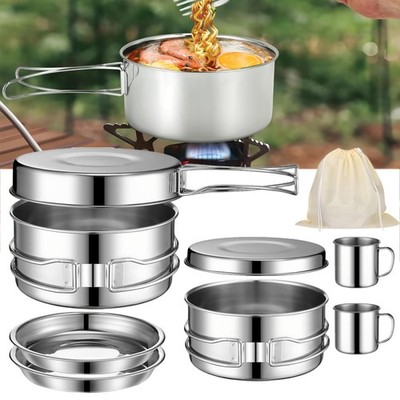 Camping Kochgeschirr Set 2-3 Person Edelstahl Kochset Outdoor Töpfe Bratpfanne