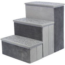 TRIXIE 3-Step Foldable Velour Pet Stairs with Storage, Gray