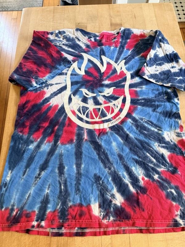 Spitfire Official Tie Dye Skateboard Tee T Shirt Mens Size Large Blue White Red