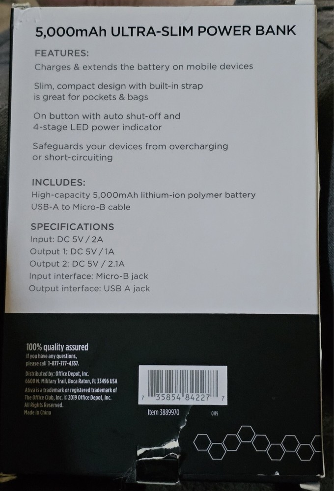 Ativa 5000mAh Ultra Slim Power Bank with LED Indicator and Strap - Black