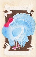 Thanksgiving Card Blue Turkey Ugly Air Brushed Heavy Embossed Vtg Postcard F18