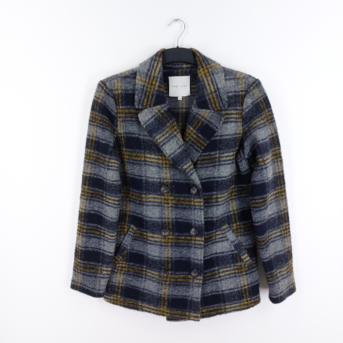 Kew Jigsaw 159 Size 12 Grey Navy Green Check 47% Wool Double Breasted Jacket