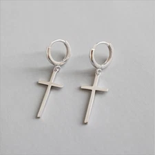 Women 925 Sterling Silver Cross Hoop Huggie Dangle Drop Earrings Gift Box A34