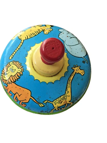 Vintage Ohio Art Spinning Top Metal Circus Jungle Animals 5" Tin Toy wood Handle