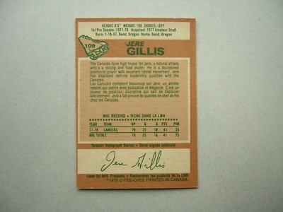 1978/79 O-PEE-CHEE NHL HOCKEY CARD #109 JERE GILLIS ROOKIE NM