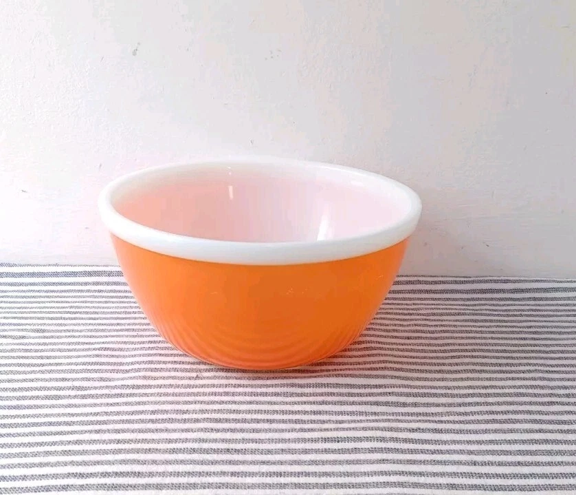 Fun Retro JAJ Orange Sprayware Small Mixing Bowl White Pyrex Glass Kitchenalia