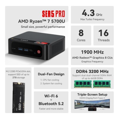 Beelink Ryzen 7 5700H SER5 Pro Mini PC Windows 11 16GB 500G WiFi6