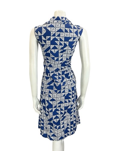 VTG 60S 70S NAVY BLUE STRIPED TILED GEOMETRIC ZIP UP COTTON SHIRT DRESS 10 12 - Picture 9 of 10