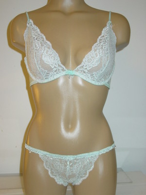 Chantal Thomass Blue Lace Mesh Bra Thong Set Silver Accents Crystals-34B/M-NEW