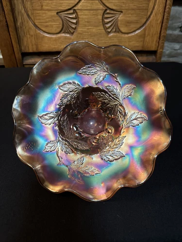 Antique Dugan Cherries Marigold Carnival Glass 8.5” Ruffled Footed Bowl