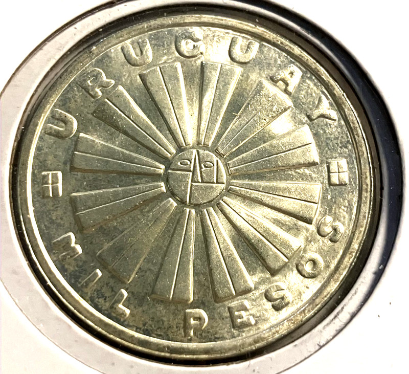 elf Uruguay 1,000 Pesos 1969 Radiant Sun with Face FAO Silver Teardrop Variety