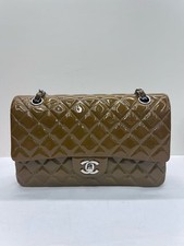 Authentic Chanel Classic Flap Medium Shoulder Bag Caramel Patent Leather Silver