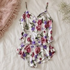 Vintage Cacique Floral Satin Cami Shorts Pajama Set Women's M Y2K