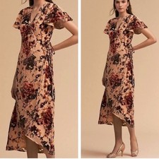 BHLDN Anthro Blush Velvet Burnout Floral Wrap Midi Dress Wedding Bridesmaid MED