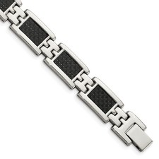 Stainless Steel Polished with Black Carbon Fiber Inlay 9 inch Link Bracelet