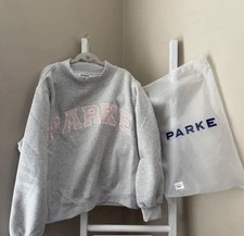 PARKE Gray Cotton Knit Crew Neck Pullover Sweatshirt L/XL Logo Accent
