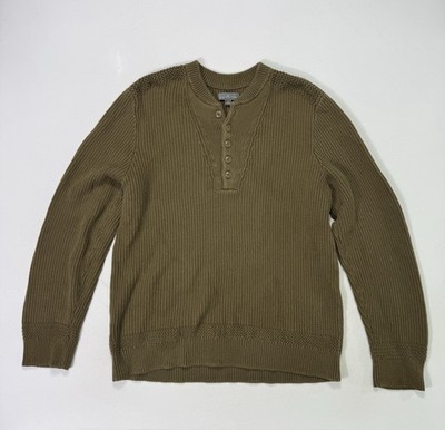 LL Bean Signature Men's Large Henley Sweater Ribbed Brown Chunky Knit Outdoor
