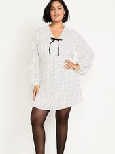 Old Navy Black Polka Dot V-Neck Long Sleeve Cream Color Mini Dress Neck Tie Sz L