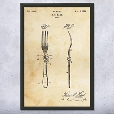 Fork Patent Wall Art Poster, Canvas or Framed Kitchenware Art Culinary Gifts