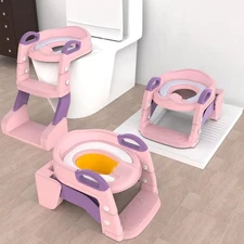 3-in-1 Toddler Potty Training Toilet with Ladder & PU Cushion, Easy Assembly, Po