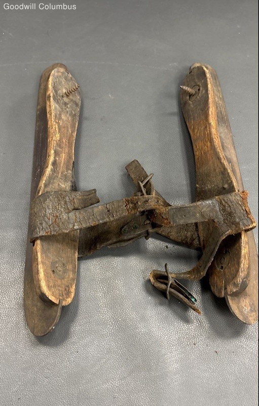 Antique Wooden Ice Skates Pair Steel Blades Leather Straps 19th Century Vintage