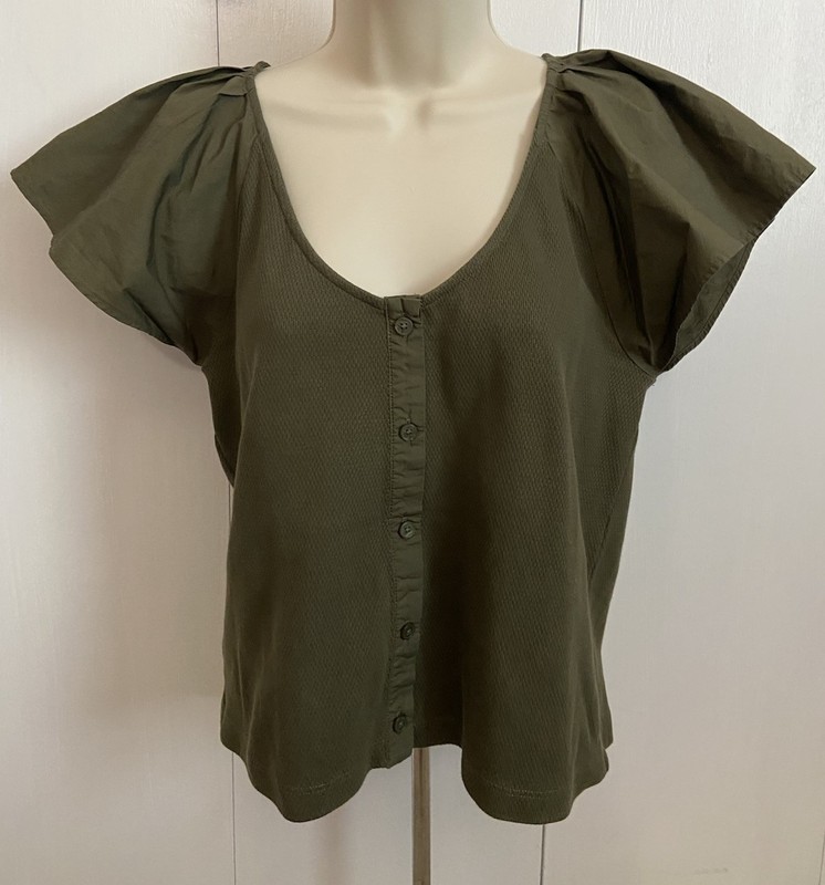 LOFT Ann Taylor Ruffle Sleeve V-Neck Blouse Olive Green Size M Earthy NWOT