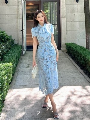 Self-Portrait blue Lace Flower Bow tie Dresses