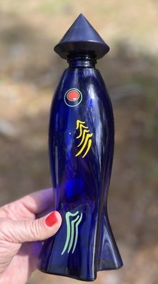 Vintage Napa Saki Cobalt Blue Rocket Bottle Wood Cap Empty Decanter MCM 750ml