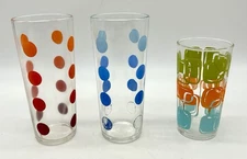 3 Vtg MCM Polka Dot Highball & Geometric Whiskey Glasses Tumblers Red Blue