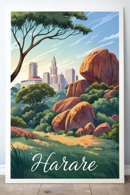 Vibrant Harare Zimbabwe Travel Poster - Balancing Rocks Art Print_moreDetail_4k_