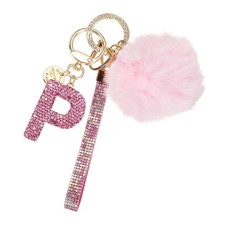 Initial Letter P Keychain with Pom and Rhinestone Wristlet, Pink