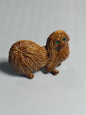 Pekinese Gerrys Signed Vtg Brown Enamel Dog Brooch Green Rhinestone Eyes Figural
