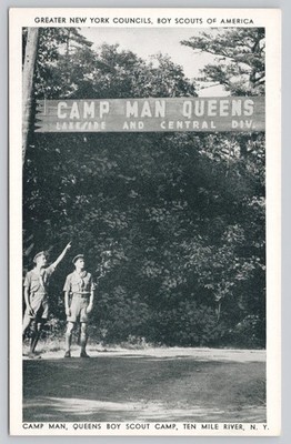 Camp Man, Queens Boy Scout Camp, BSA, Ten Mile River NY New York Postcard 1940s