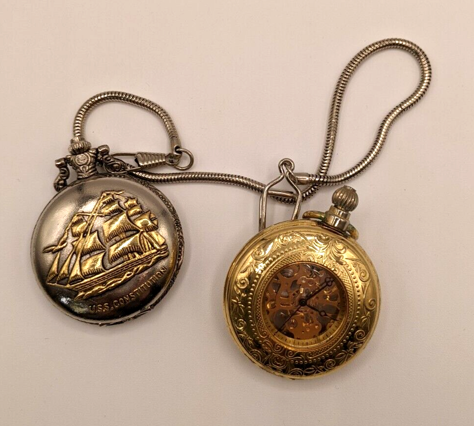 Gold and Silver Tone Pocket Watch Lot + Chain UNTESTED Skeleton